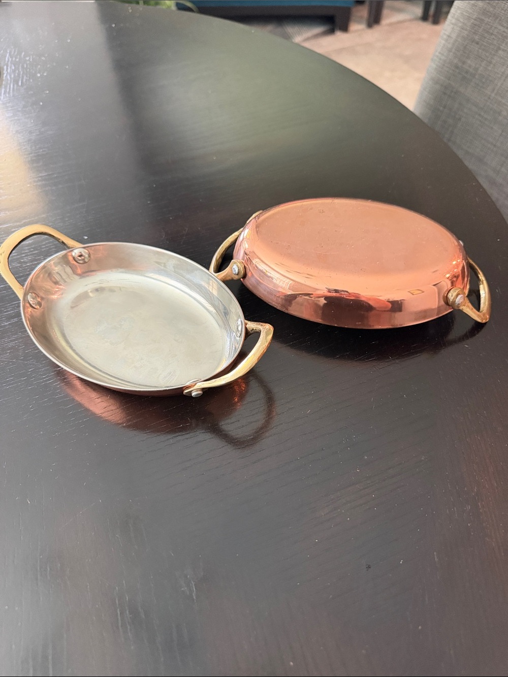 Two Copper Gratin Serving Dishes with Brass Handles - Copper Finish